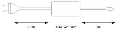 Technische Zeichnung eines schwarzen Netzteils mit 1,5m und 1m Kabel, Maße 166x24x52mm