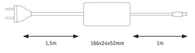 Technische Zeichnung eines schwarzen Netzteils mit 1,5m und 1m Kabel, Maße 166x24x52mm