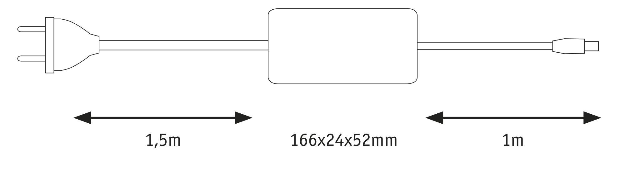 Technical drawing of black power adapter with 1.5 m cable and dimensions 166x24x52 mm