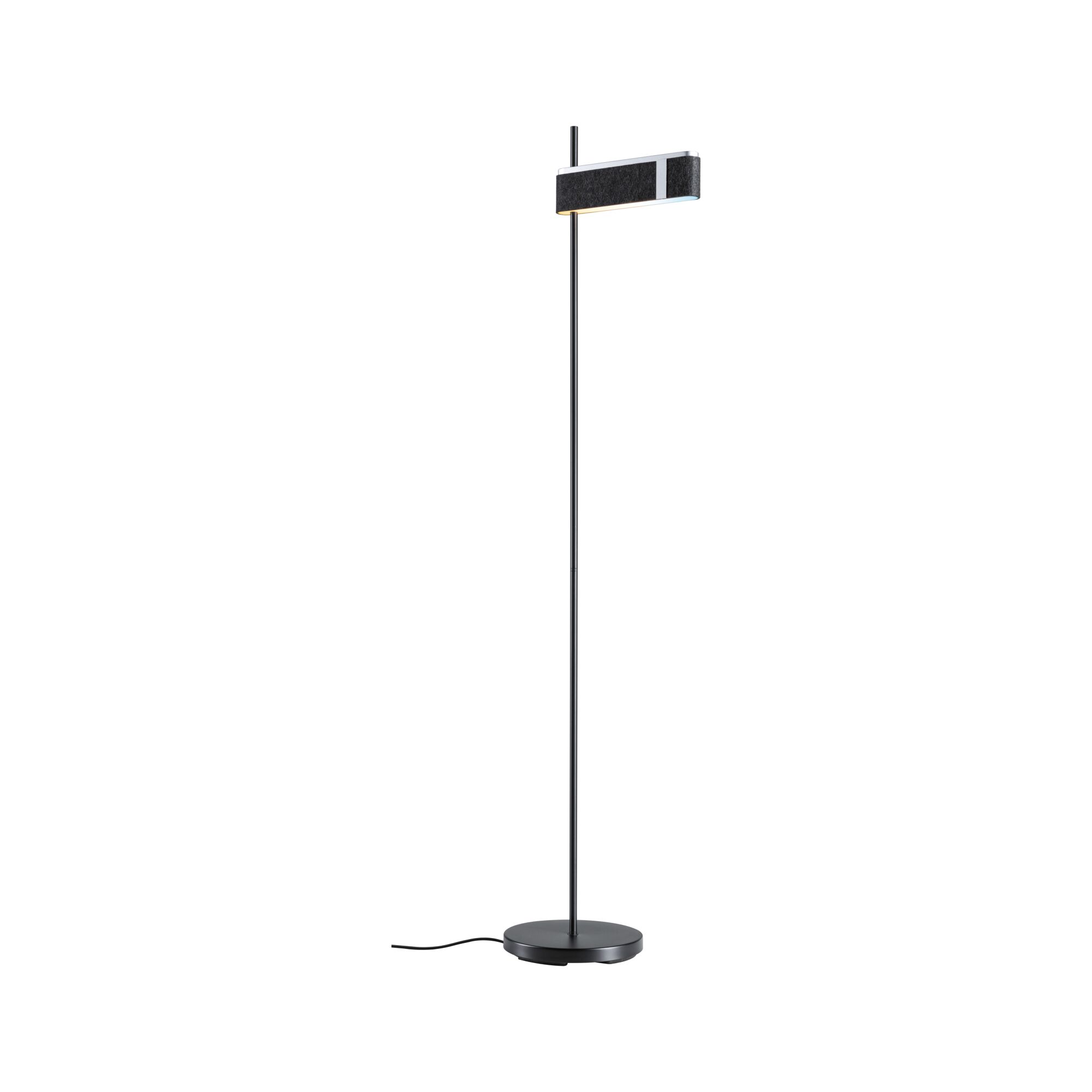 Black floor lamp with felt-covered rectangular shade and metal base for modern living room lighting