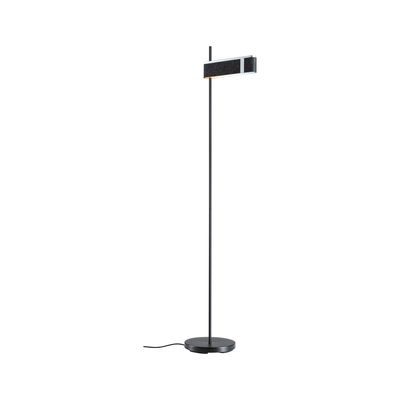 Black floor lamp with felt-covered rectangular shade and metal base for modern living room lighting