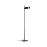 Black floor lamp with felt-covered rectangular shade and metal base for modern living room lighting