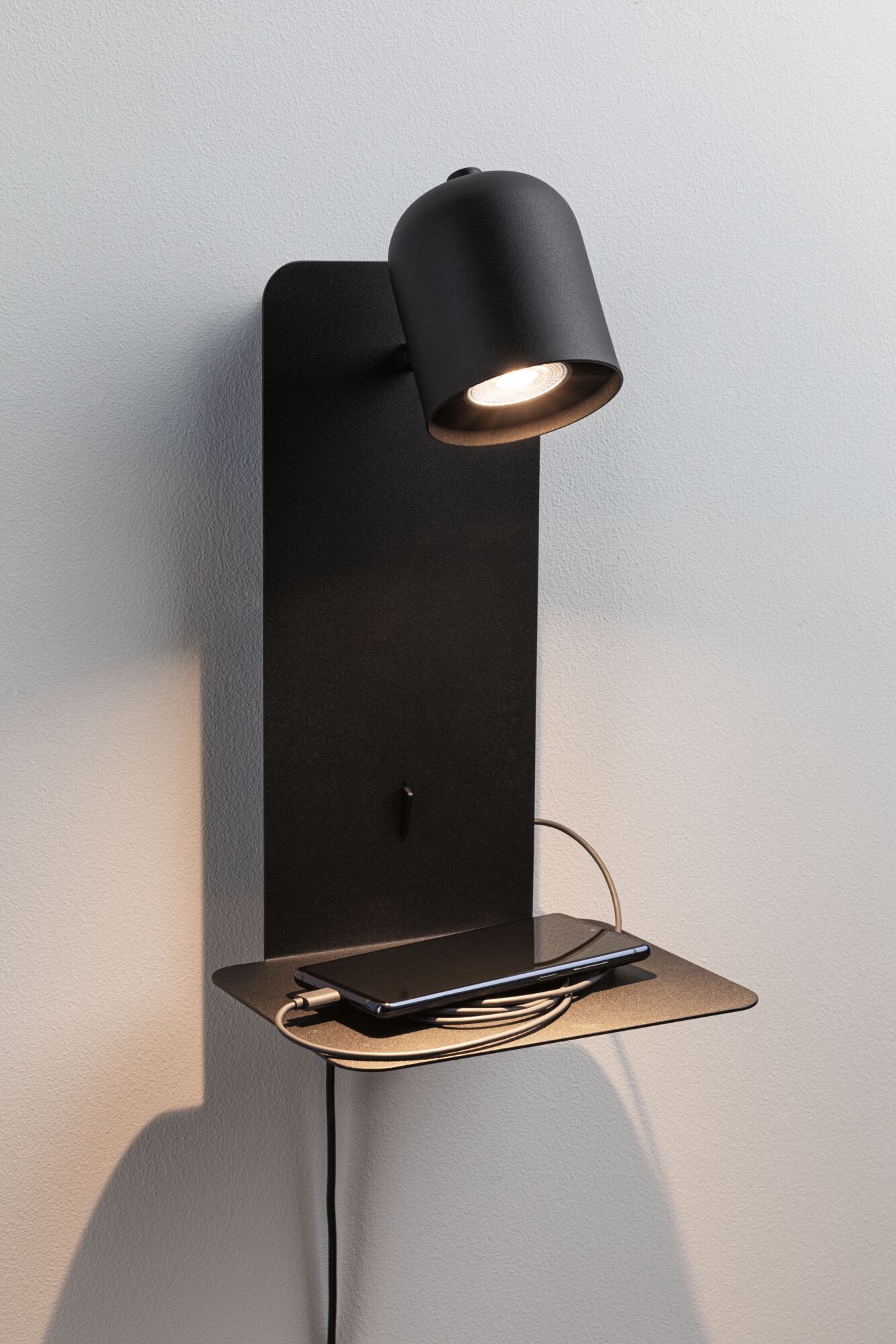 Black metal wall lamp with adjustable spotlight and shelf, modern LED lighting for hallway and bedroom