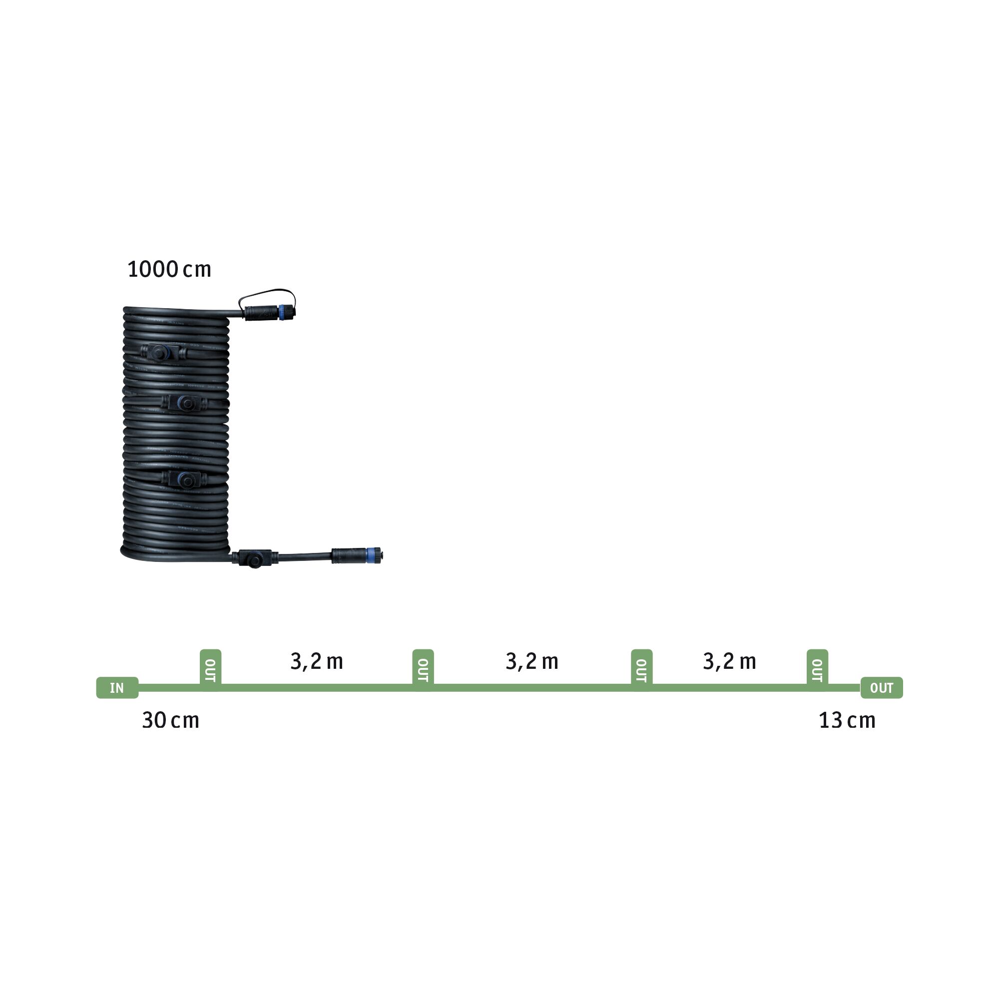 Câble noir de 10 mètres avec connecteurs et espacements de 3,2 mètres pour systèmes d'éclairage LED.