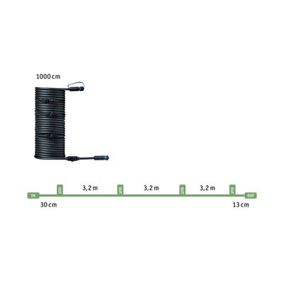 Câble noir de 10 mètres avec connecteurs et espacements de 3,2 mètres pour systèmes d'éclairage LED.