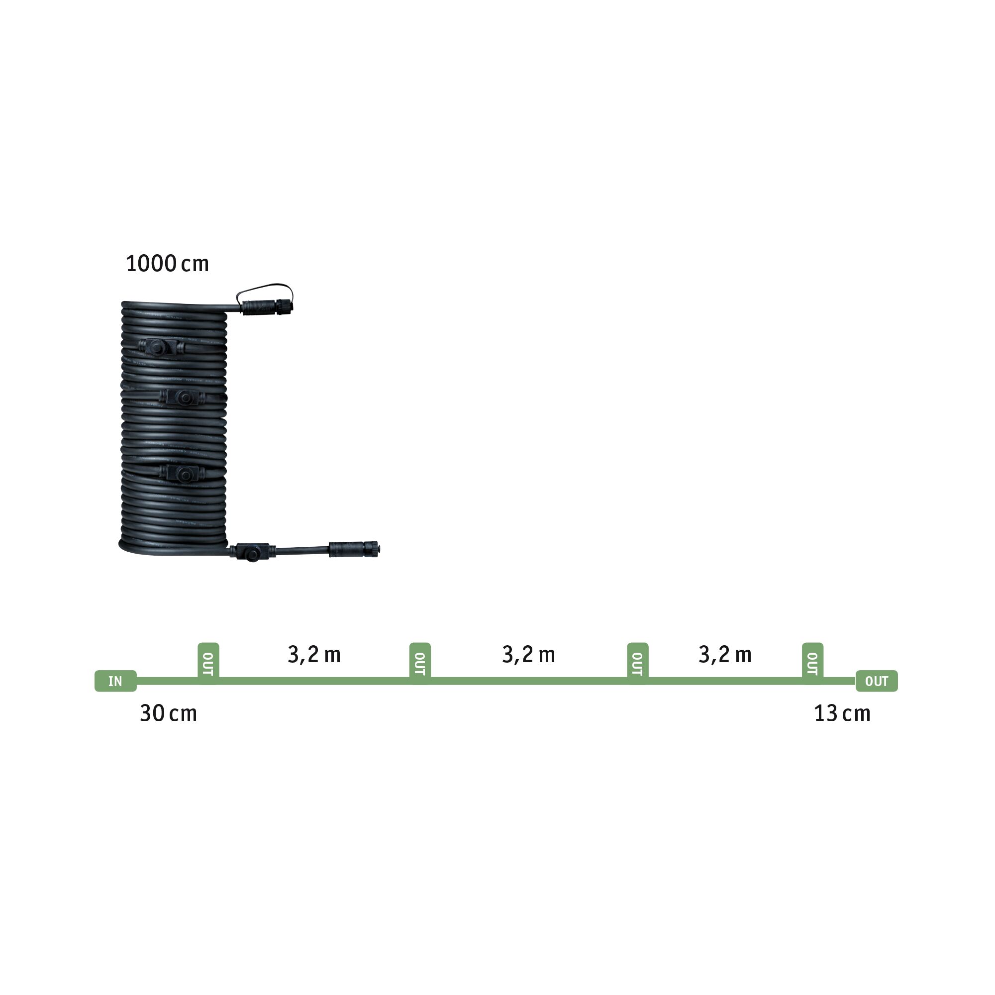 Sort 10 meter kabel med stikforbindelser og 3,2 meter afstand til LED-belysning