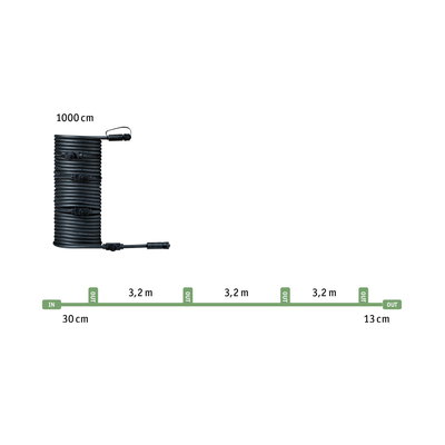 Sort 10 meter kabel med stikforbindelser og 3,2 meter afstand til LED-belysning