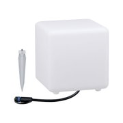 White square LED outdoor light made of plastic with ground spike and cable for garden lighting