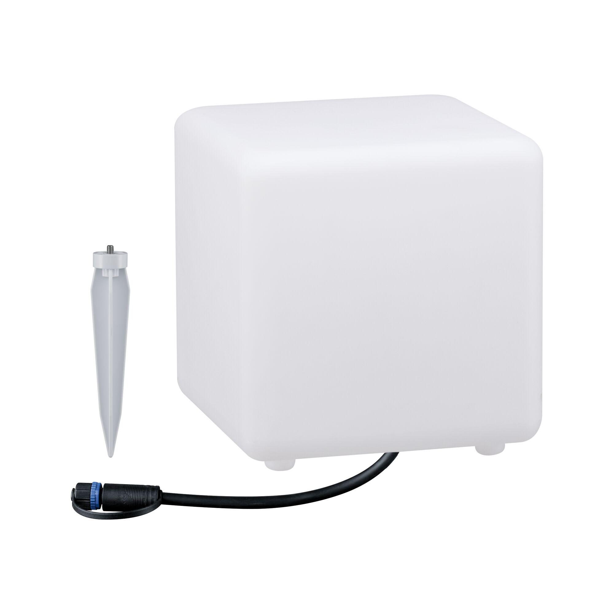 White square LED outdoor light made of plastic with ground spike and cable for garden lighting