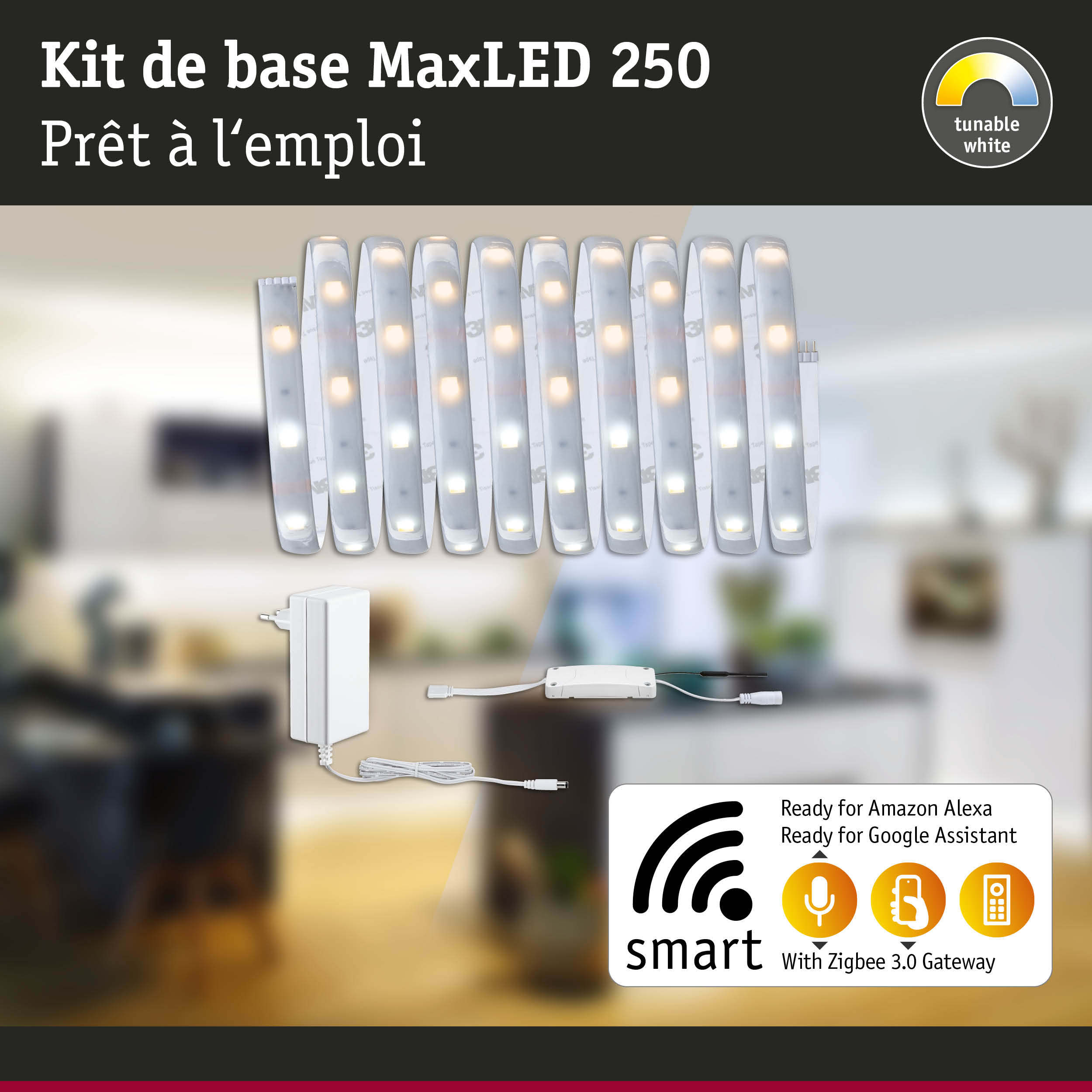 Kit bande LED MaxLED 250 avec lumière blanche réglable et passerelle Zigbee 3.0 pour maison connectée