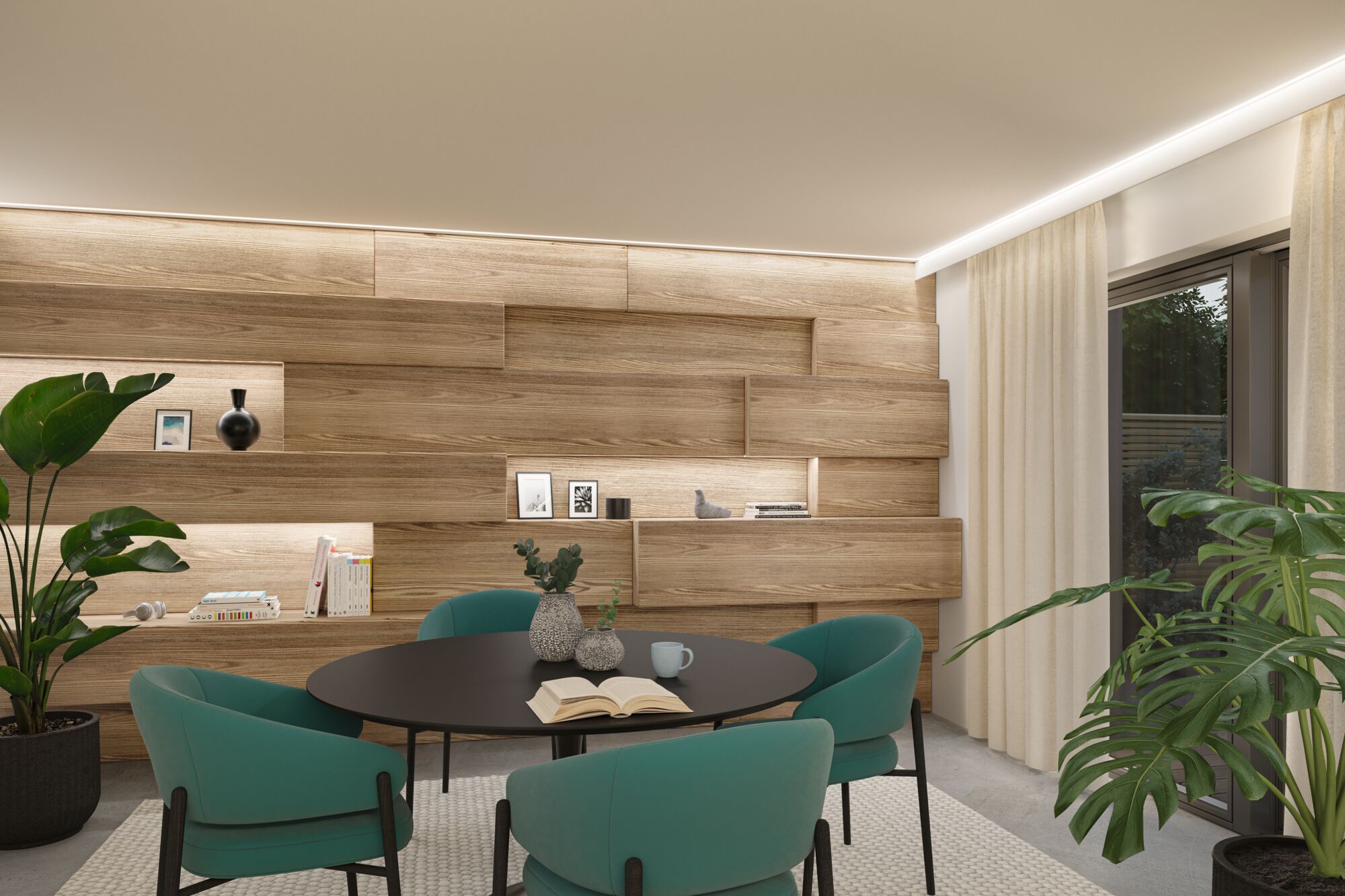 Modern dining room with black table, teal chairs, and wooden panel wall featuring LED lighting