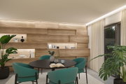 Modernes Esszimmer mit schwarzem Tisch, türkisfarbenen Stühlen und Holzpaneelwand mit LED-Beleuchtung