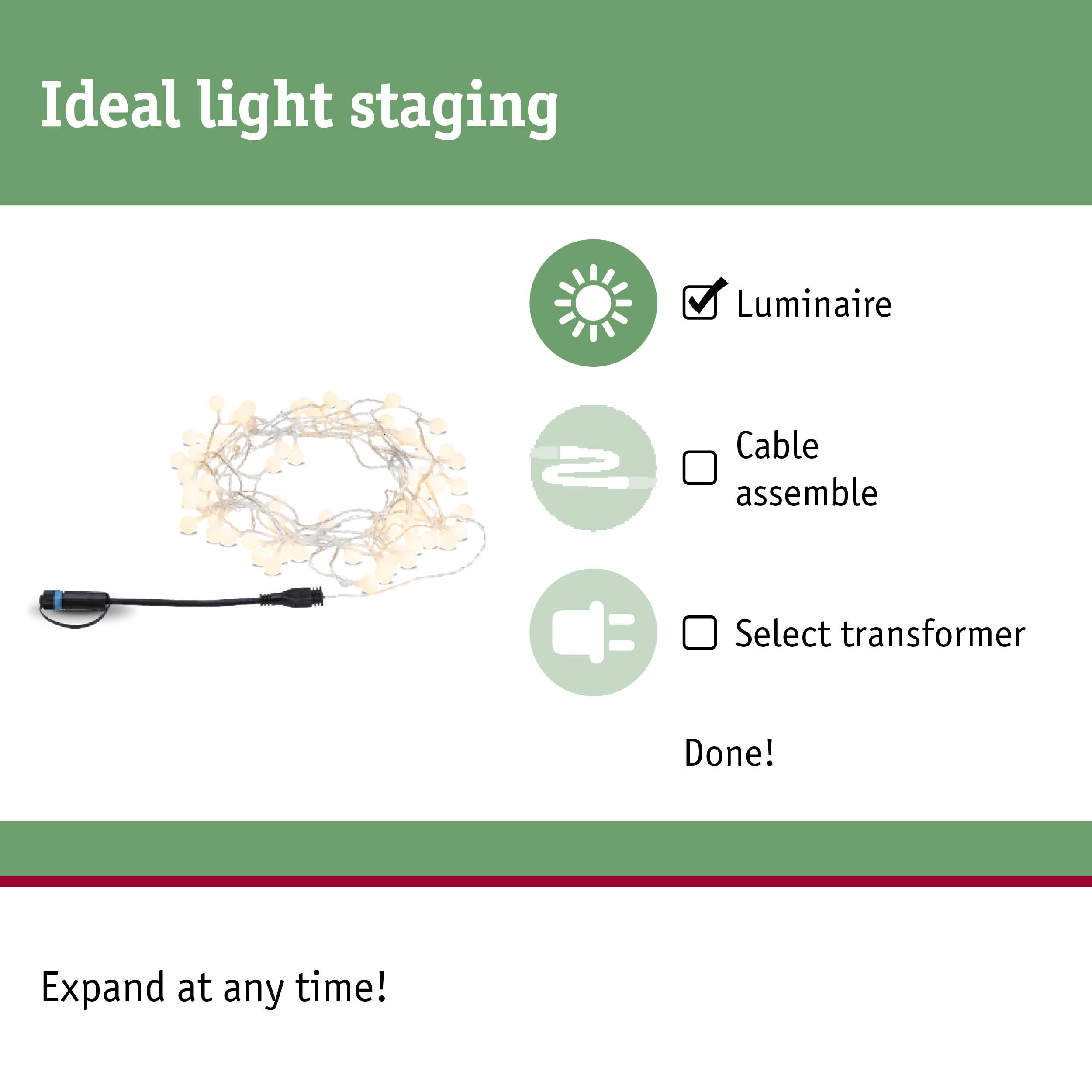 String lights with warm white LEDs and black cable for decorative lighting and light staging