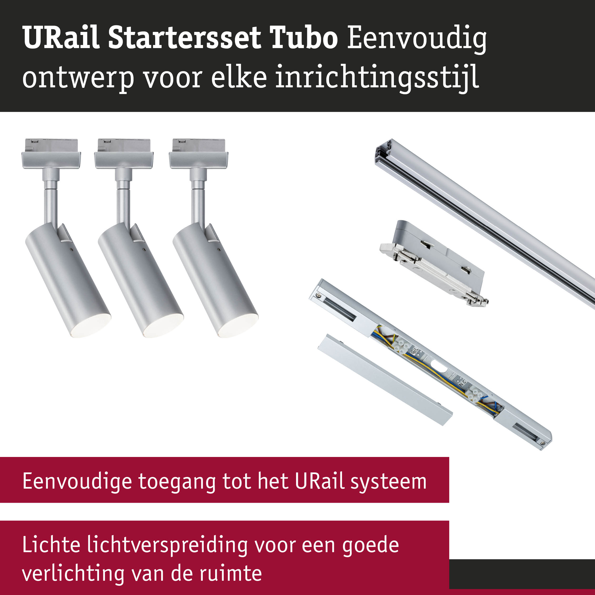 URail Starterset Tubo met drie zilverkleurige aluminium spots en rails voor flexibele verlichting