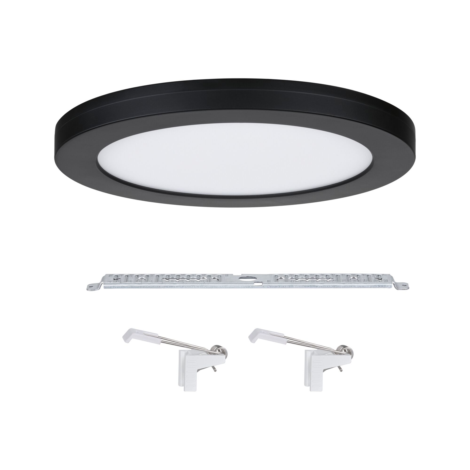 Round black LED ceiling panel with white diffuser and mounting accessories for indoor lighting