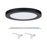 Round black LED ceiling light with white diffuser and mounting accessories for indoor use