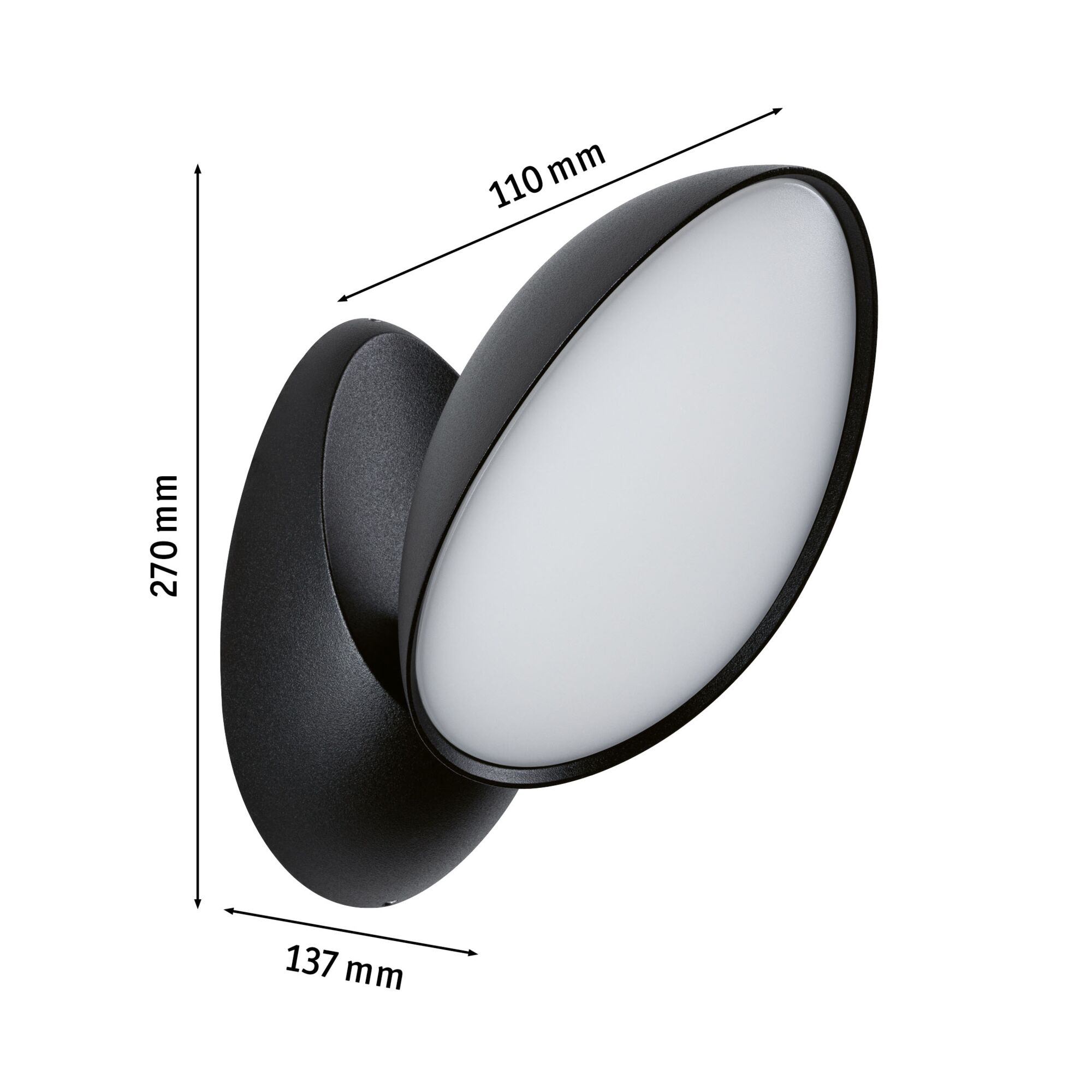 Schwarze LED-Wandleuchte mit weißem Diffusor, Maße 270x137x110 mm, moderne Innenbeleuchtung
