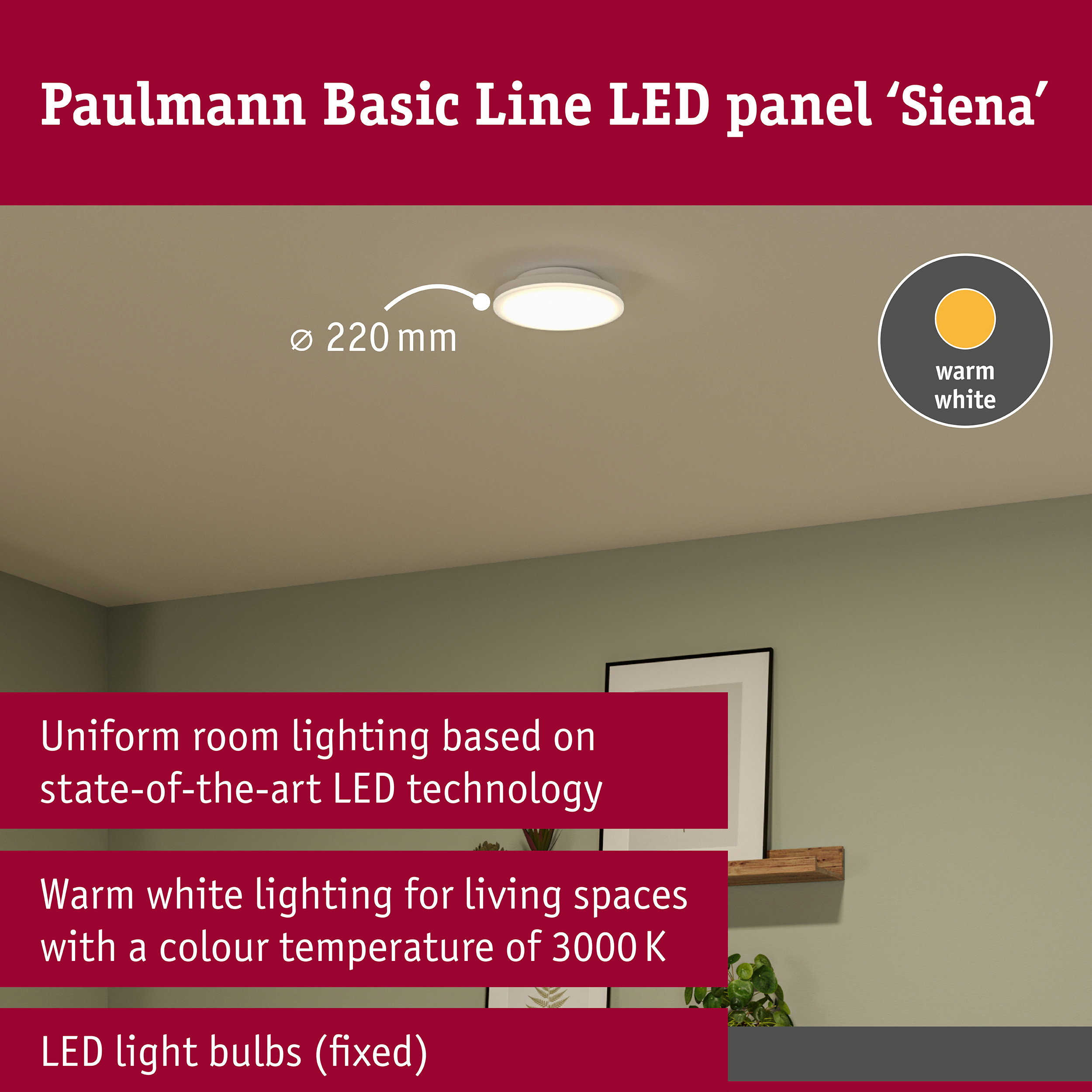 LED Ceiling light Siena 3000K 220mm 1000lm 230V 12,3W