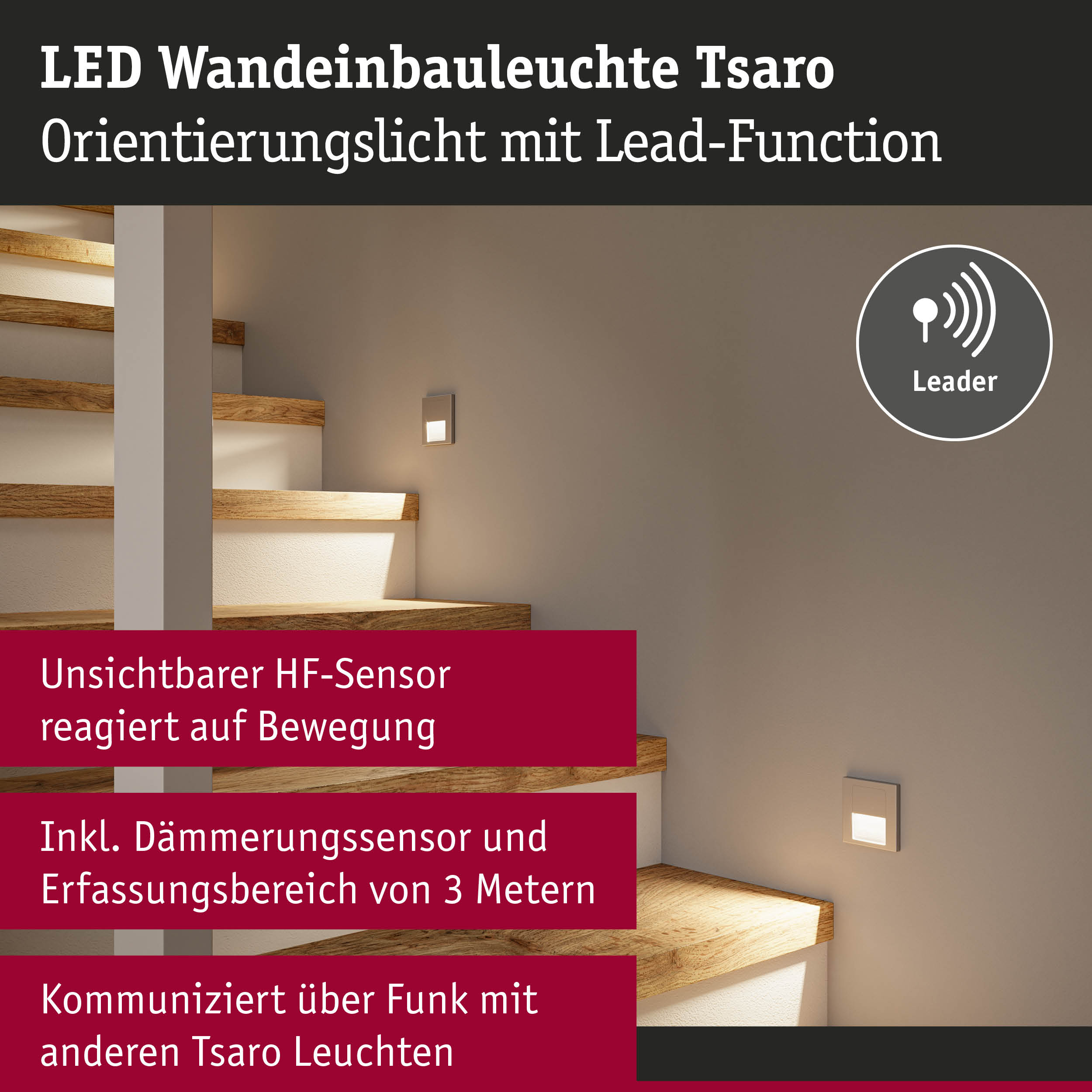 LED Wandeinbauleuchte Tsaro in Silber mit Bewegungssensor für Treppenhausbeleuchtung