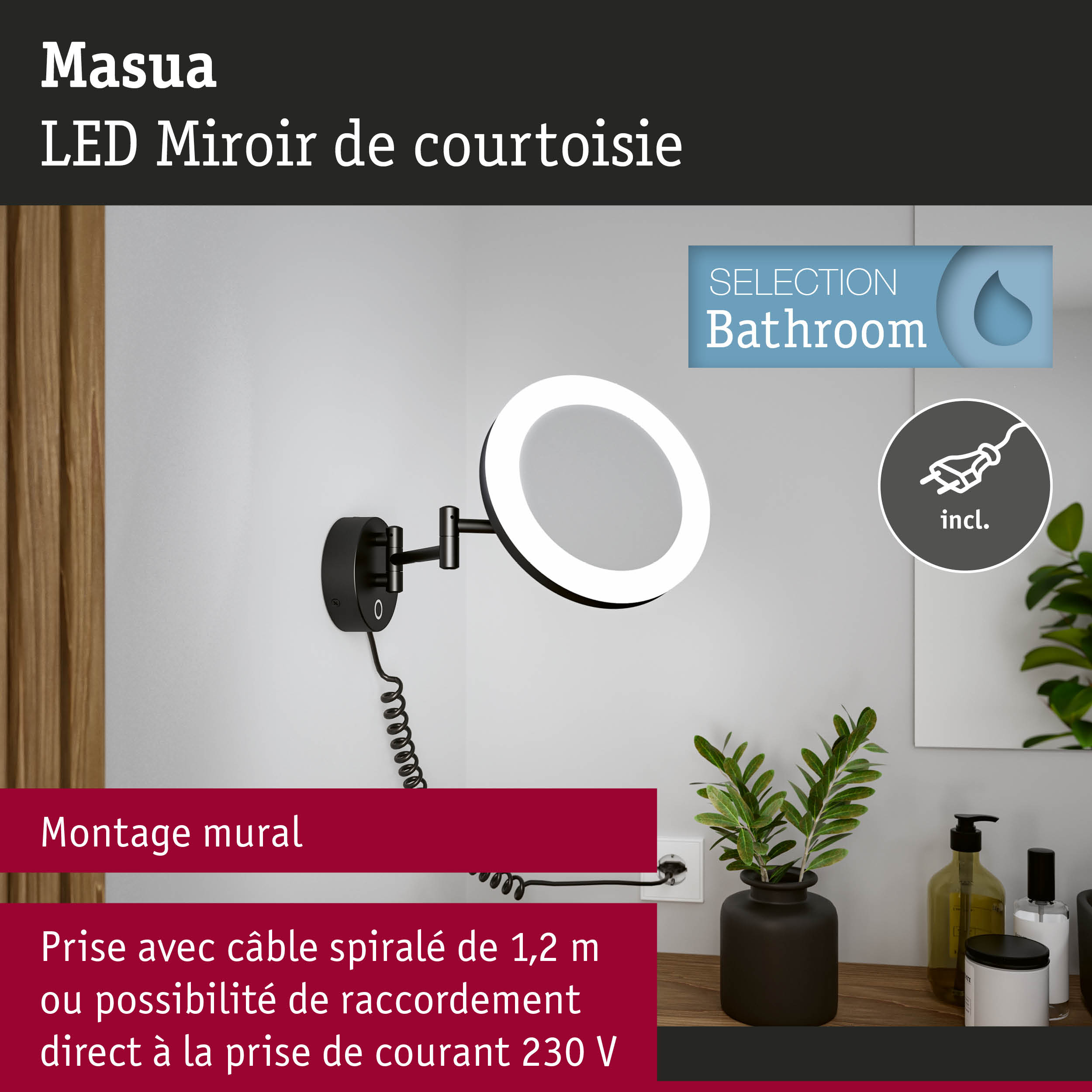 Miroir de courtoisie LED Masua noir avec montage mural et câble spiralé pour salle de bain