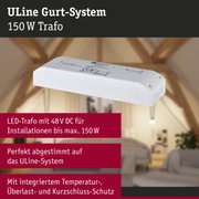 Weißes LED-Trafo Gehäuse für ULine Gurt-System mit 150 W Leistung und Schutzfunktionen