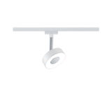 Moderner weißer LED-Spot aus Metall an Schienensystem für flexible Raumbeleuchtung