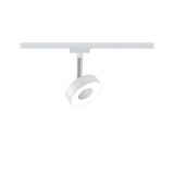 Moderner weißer LED-Spot aus Metall an Schienensystem für flexible Raumbeleuchtung