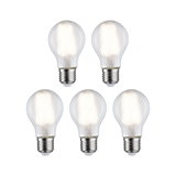 Fünf klare LED-Glühbirnen mit E27-Fassung in klassischer Form für energiesparende Beleuchtung.