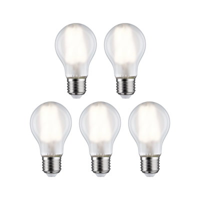 Fünf klare LED-Glühbirnen mit E27-Fassung in klassischer Form für energiesparende Beleuchtung.