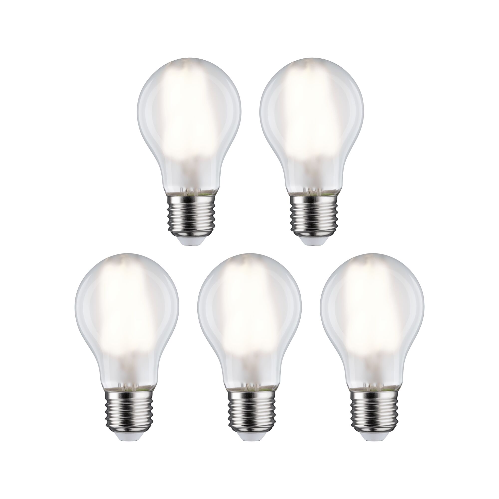 Fünf klare LED-Glühbirnen mit E27-Fassung in klassischer Form für energiesparende Beleuchtung.