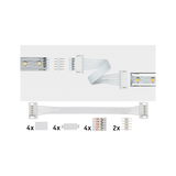 White LED strip connector cable with plugs and accessories for flexible light strip installation.