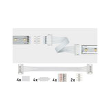 LED-Streifen-Verbindungskabel mit weißen Steckern und Zubehör für flexible Lichtbandmontage.