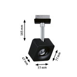 Schwarzer LED-Strahler mit quadratischem Gehäuse und verchromtem Stab, Maße 77x77x165 mm, Beleuchtung
