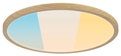 Round ceiling light with wooden frame and adjustable color temperature gradient in blue, white, and yellow