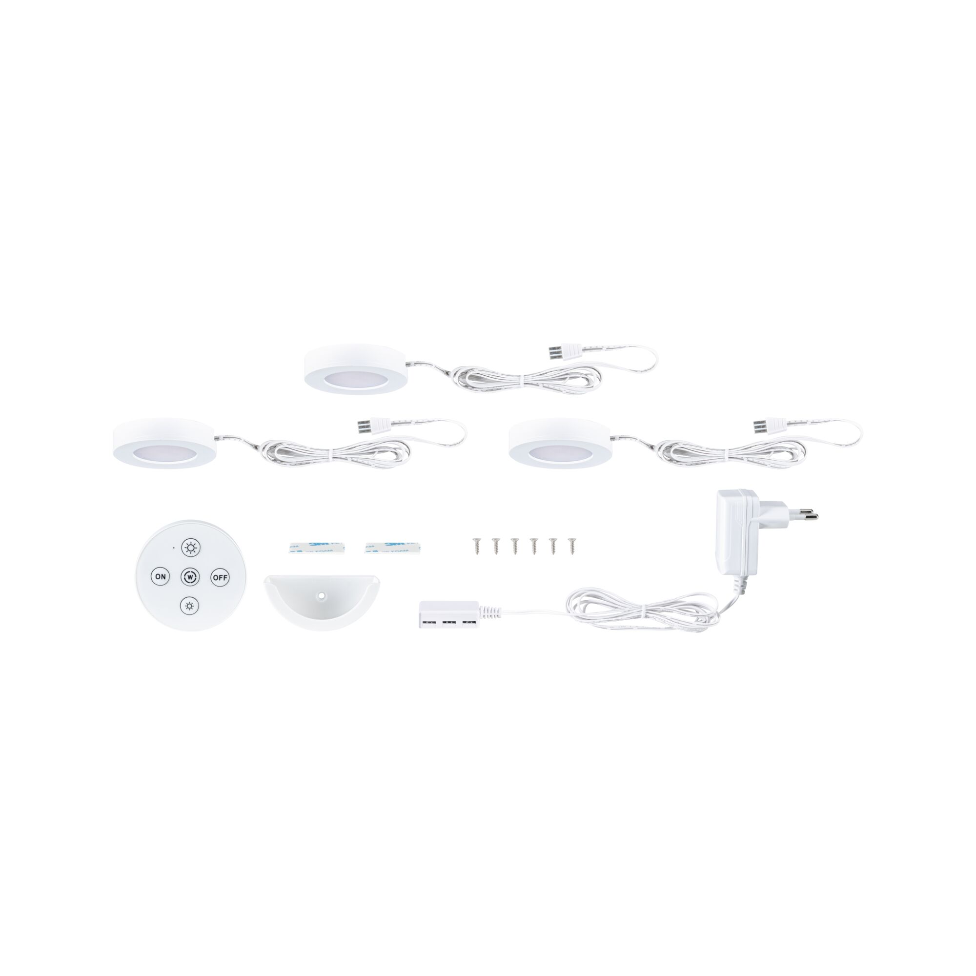 Three white LED under-cabinet lights with remote, power adapter, and mounting accessories for versatile lighting.