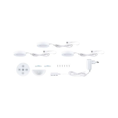 Trois lampes LED blanches sous meuble avec télécommande, adaptateur secteur et accessoires de montage.