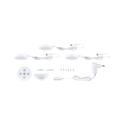 Three white LED under-cabinet lights with remote, power adapter, and mounting accessories for versatile lighting.
