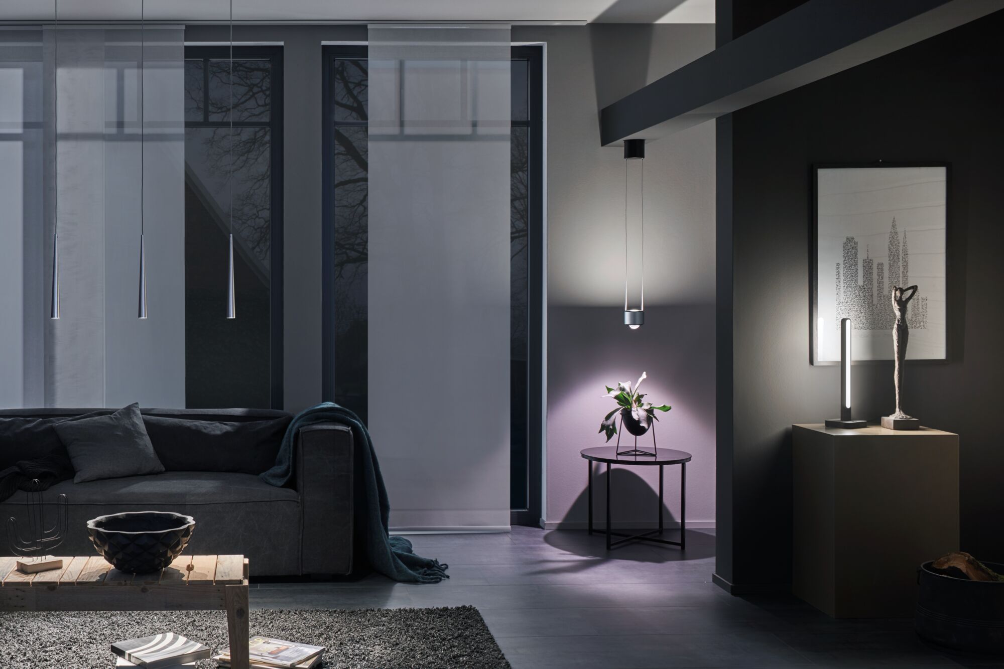 Modern living room with grey sofa, wooden coffee table, and minimalist black LED pendant light.