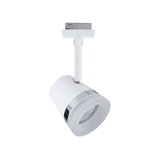 Modern white LED spotlight with chrome ring for track systems, energy-efficient indoor lighting
