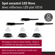Spots encastrés LED Nova noirs avec réflecteur LED plat GU10 et lampe interchangeable