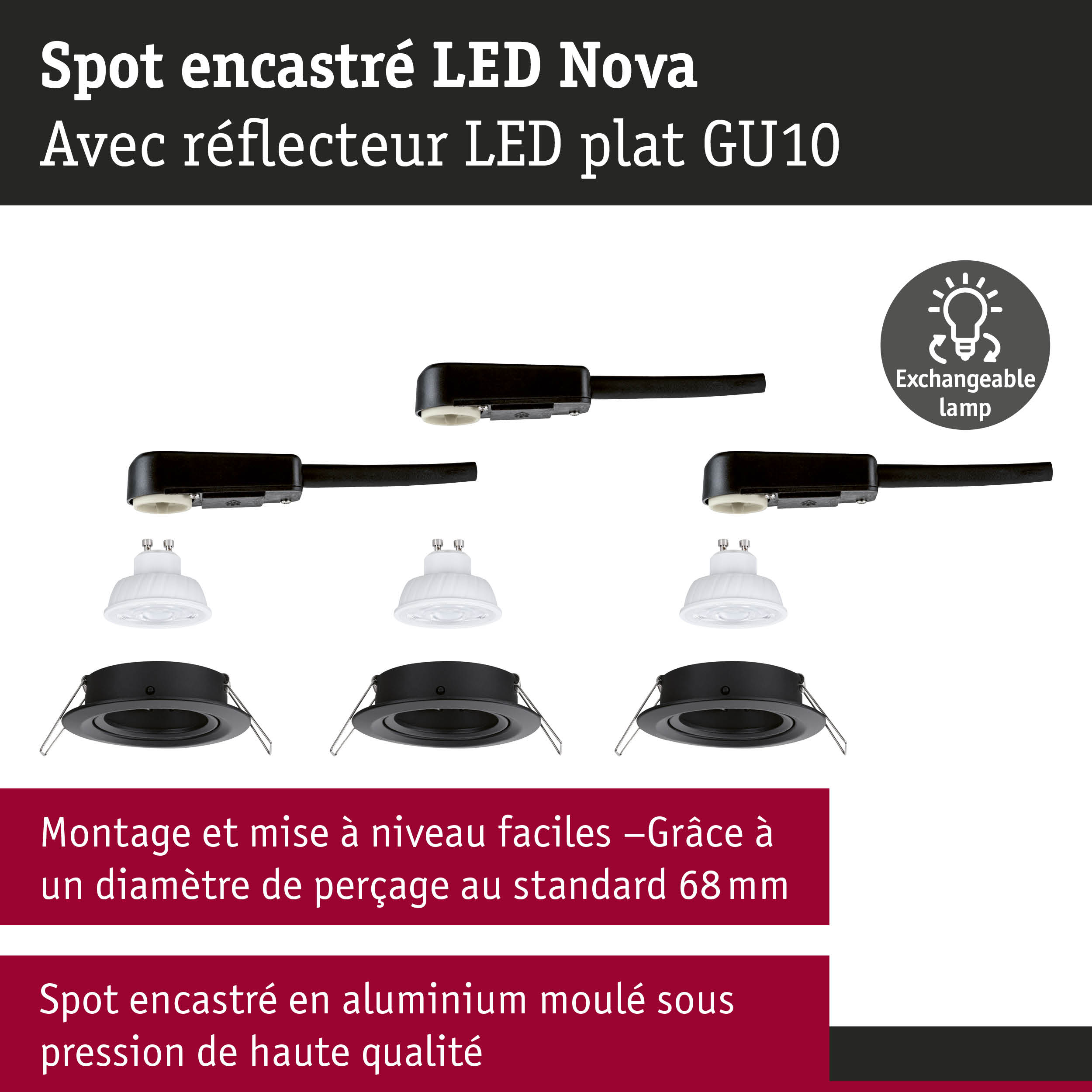 Spots encastrés LED Nova noirs avec réflecteur LED plat GU10 et lampe interchangeable