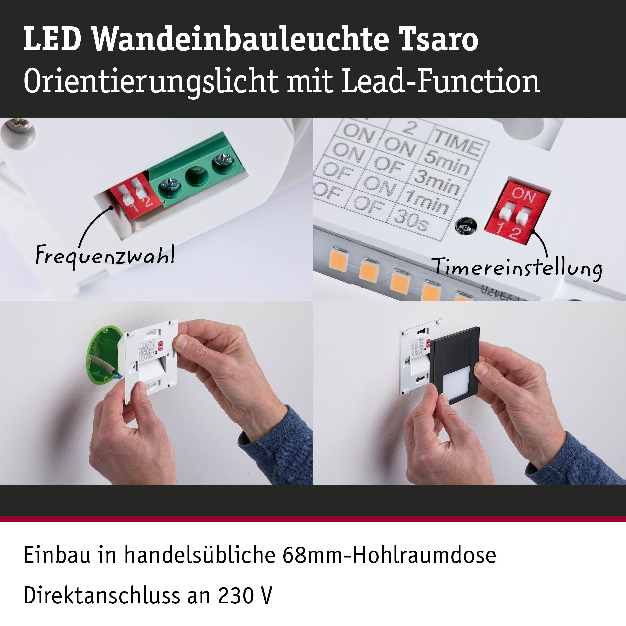 LED Wandeinbauleuchte Tsaro mit weißem Gehäuse und einstellbarer Timerfunktion für Orientierungslicht