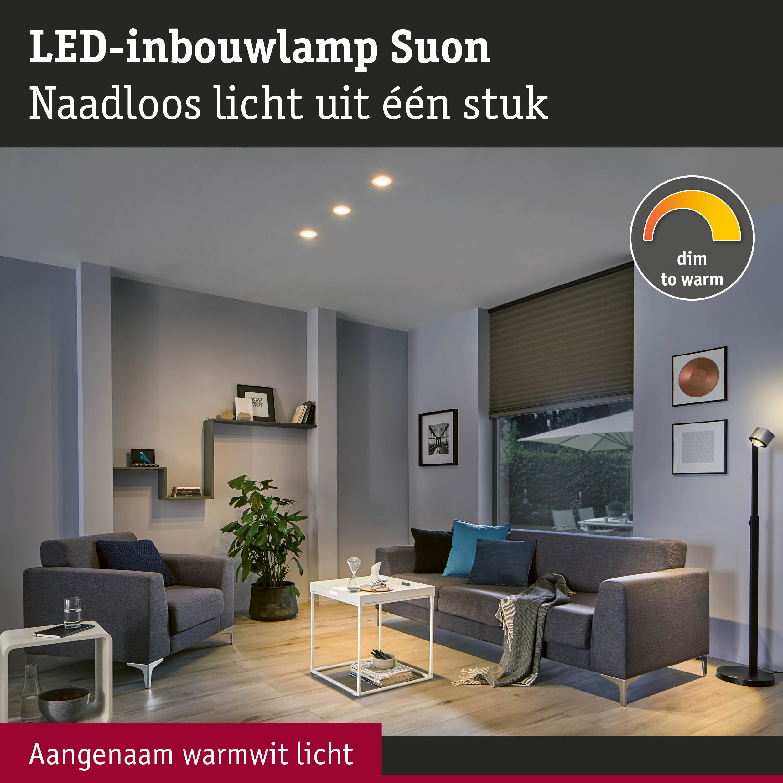 LED-inbouwlamp Suon met naadloos warm wit licht in moderne woonkamer met grijze bank