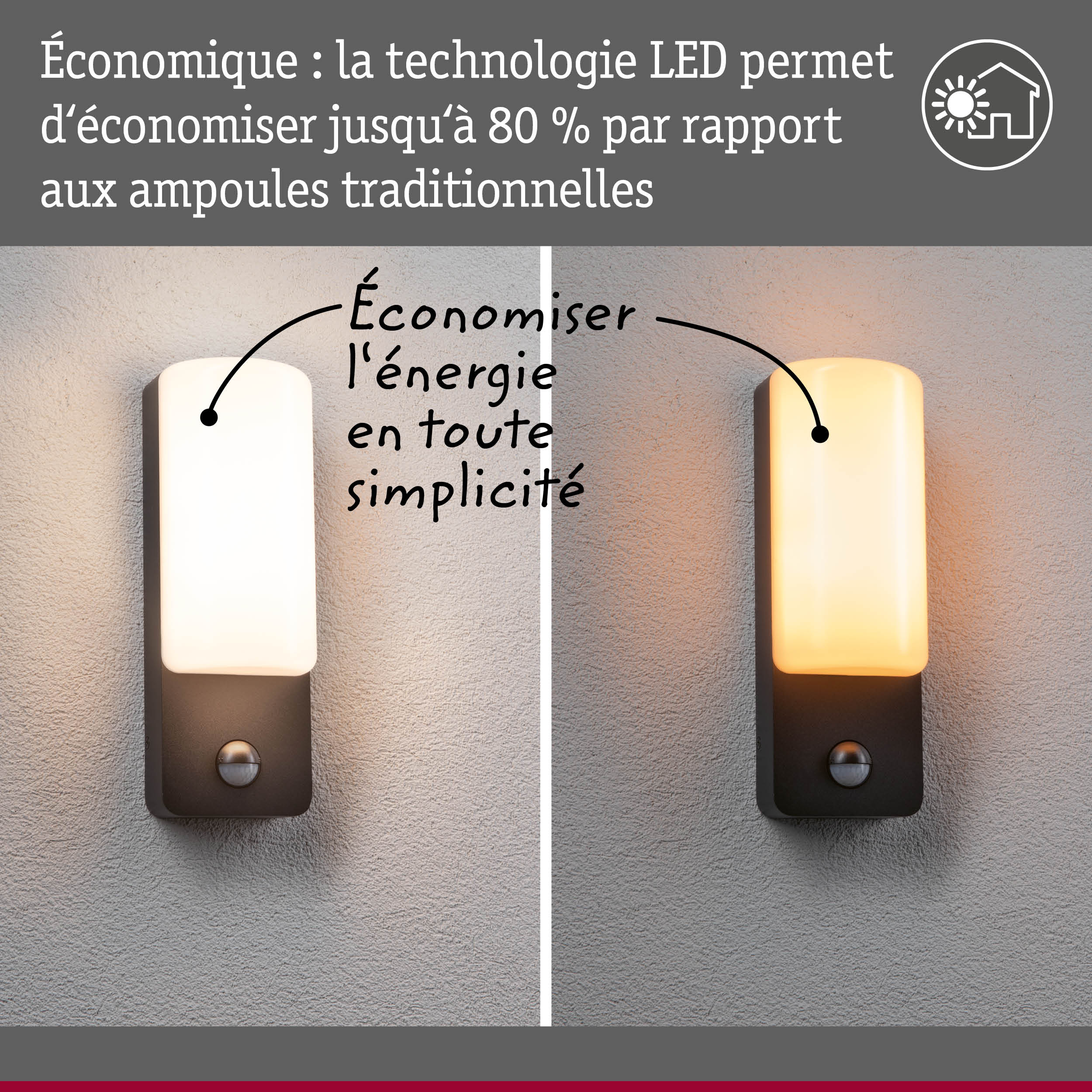 Comparaison d'une lampe murale LED et d'une ampoule traditionnelle illustrant l'économie d'énergie