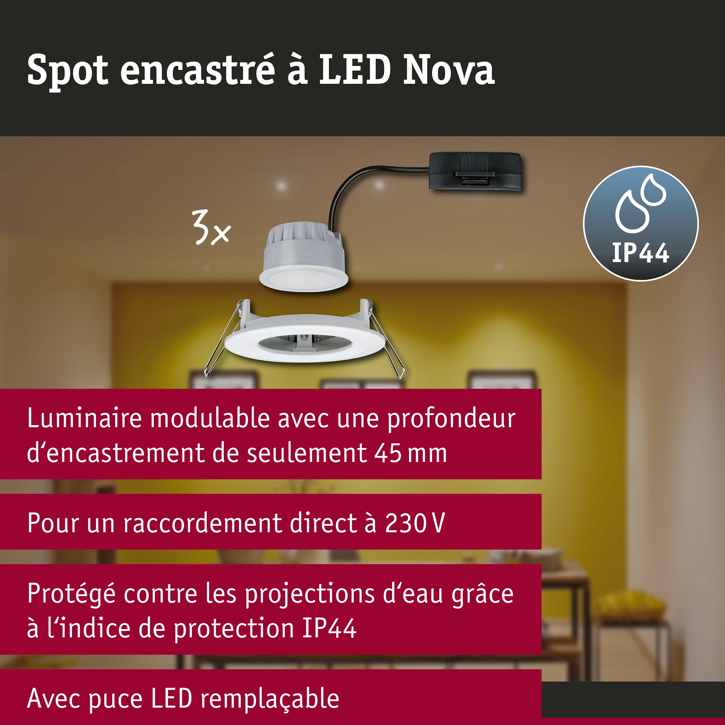 Spot encastré LED 3-Step-Dim Nova Coin Kit de base fixe IP44 rond 78mm Coin 3x6W 3x470lm 230V gradable 2700K Blanc dépoli