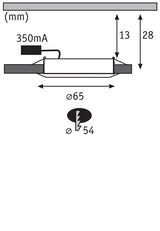 Technical drawing of a round LED recessed spotlight with 65 mm diameter and 28 mm height.