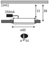 Technical drawing of LED recessed spotlight with 65 mm diameter and 28 mm installation depth