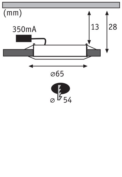 Schéma technique d'un spot LED encastré de 65 mm de diamètre et 28 mm de profondeur d'installation