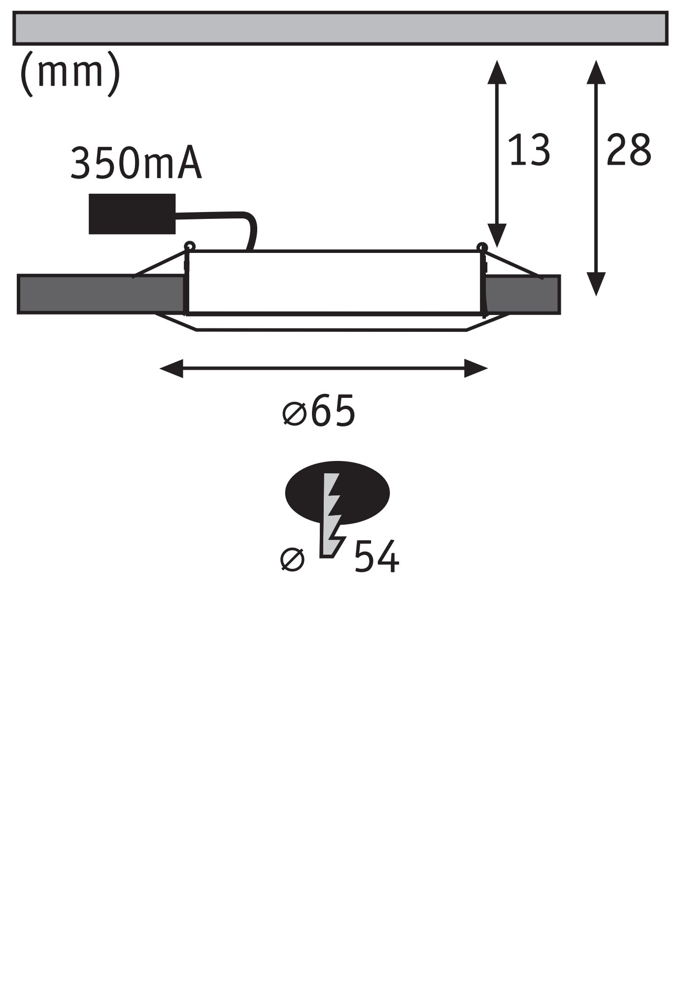 Technical drawing of LED recessed spotlight with 65 mm diameter and 28 mm installation depth