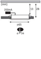 Technical drawing of LED recessed spotlight with 65 mm diameter and 28 mm installation depth